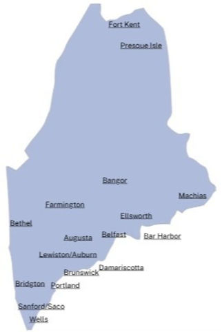 Map of Maine with the 17 college locations marked.