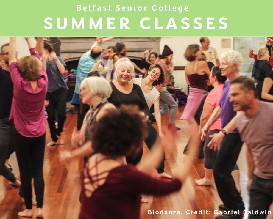 A room full of seniors freestyle dancing and laughing with the words Belfast Senior College Summer Classes.