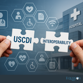 Two hands each hold a white puzzle piece in front of a modern hospital building. The left puzzle piece reads “USCDI” and the right reads “INTEROPERABILITY,” symbolizing the connection between data standards and seamless health information exchange. Behind the puzzle pieces, blue hexagonal icons represent healthcare concepts such as a heart, medical documents, accessibility, and wireless connectivity, reinforcing the theme of digital health integration. Equinox HIT logo at bottom