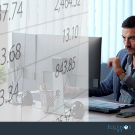 Man in office working at computer with spreadsheets overlaid. Desk has colorful pens, and there's a focused mood. Equinox logo visible.