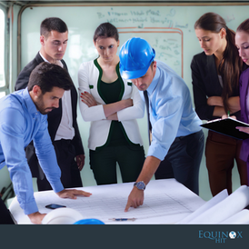 Team in formal attire discussing blueprints on a table, one wearing a blue hard hat. Whiteboard and notes in background, focused mood.