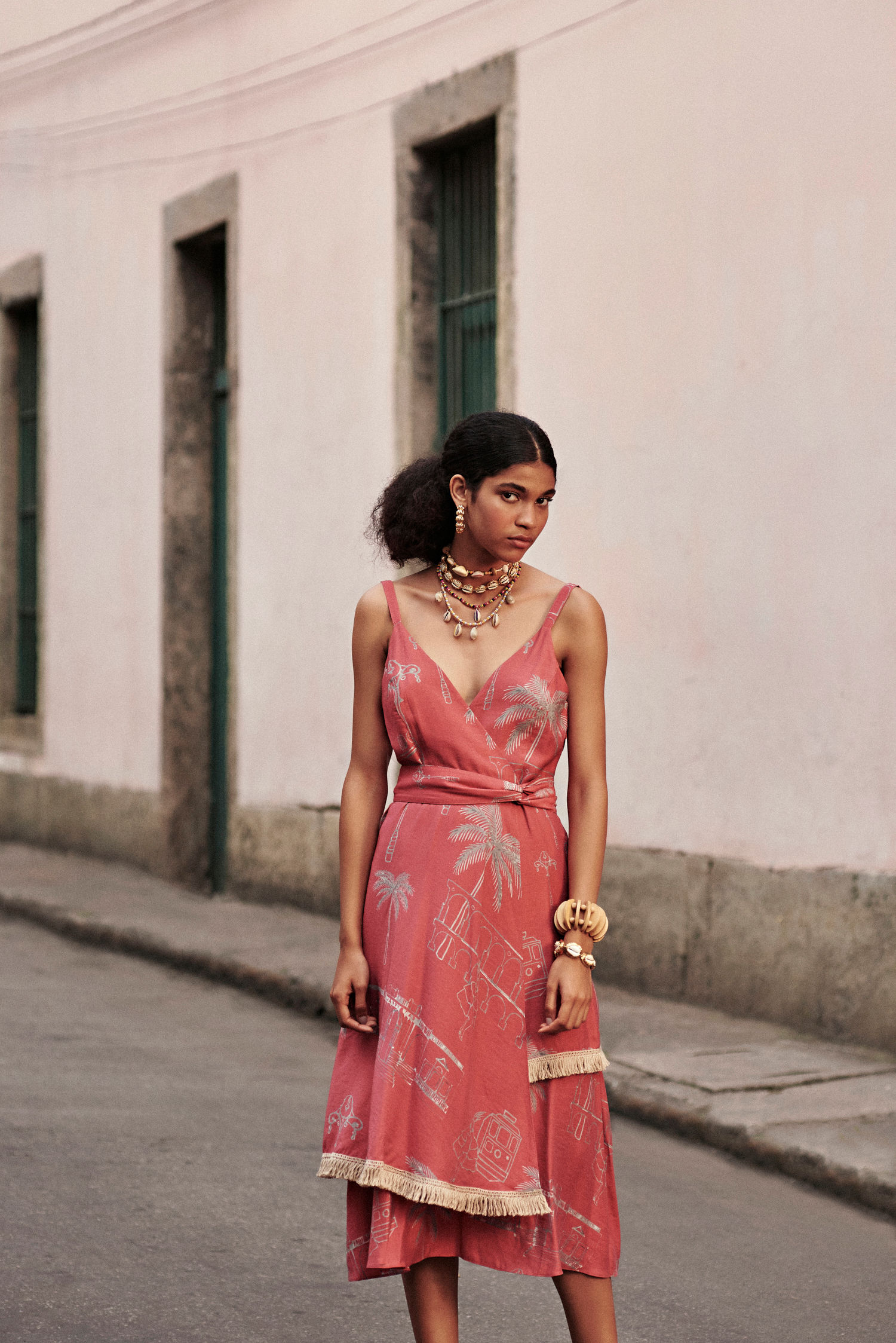 Vestido Alça Franja Estampado