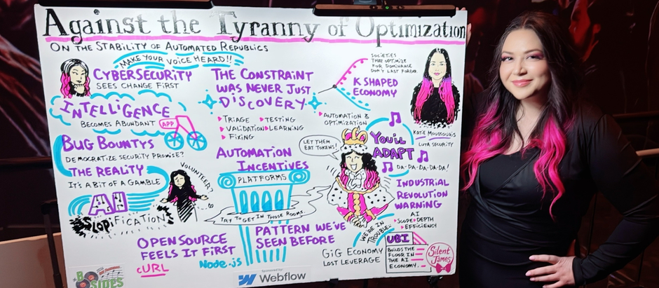 Katie Moussouris standing next to a poster done live of her keynote speech