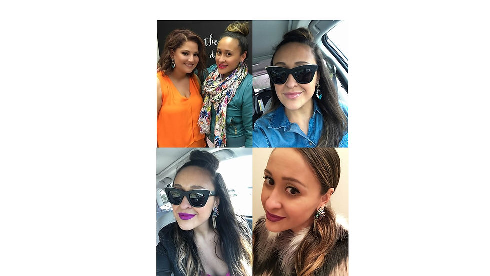 Top left corner owner of Dreamy Dwellings Boutique, Rachael Orr. Top right corner the Chelsea earrings. Bottom row the Alyse earrings, all by Dreamy Dwellings Boutique.