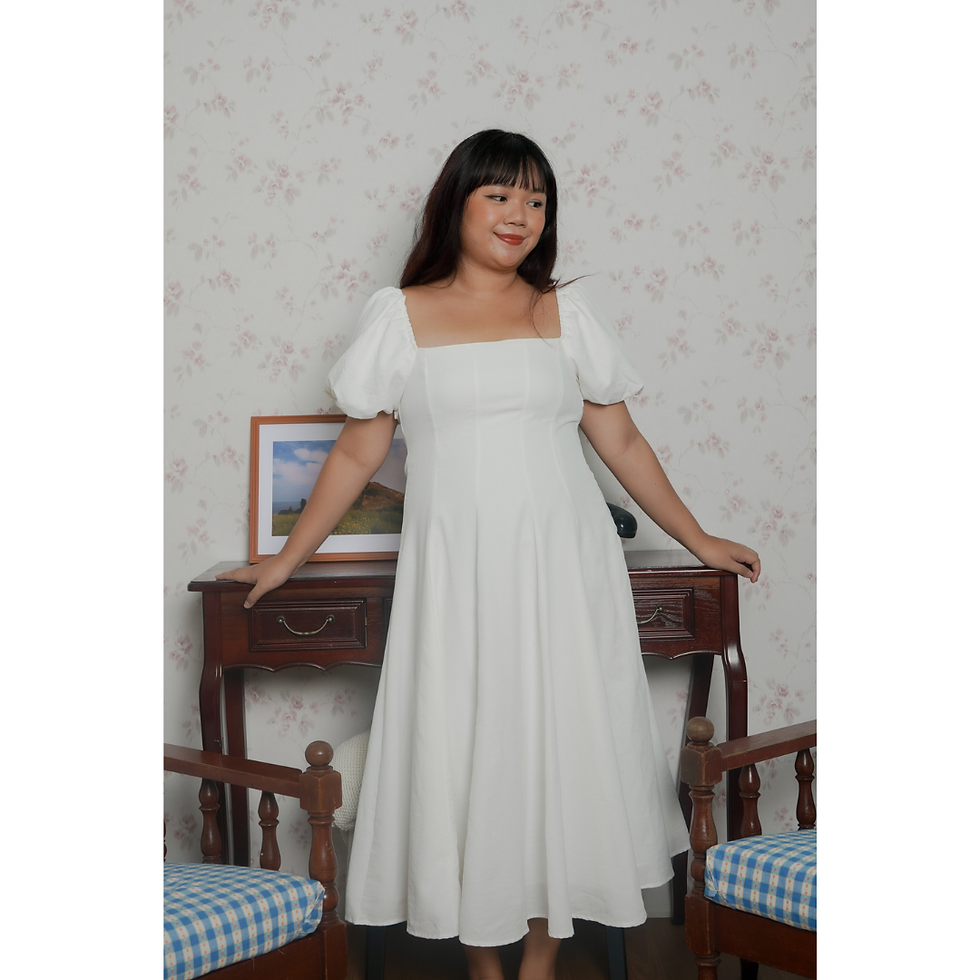 Thumbnail: Maya Panelled Bubble Sleeve Dress in White / Navy / Black