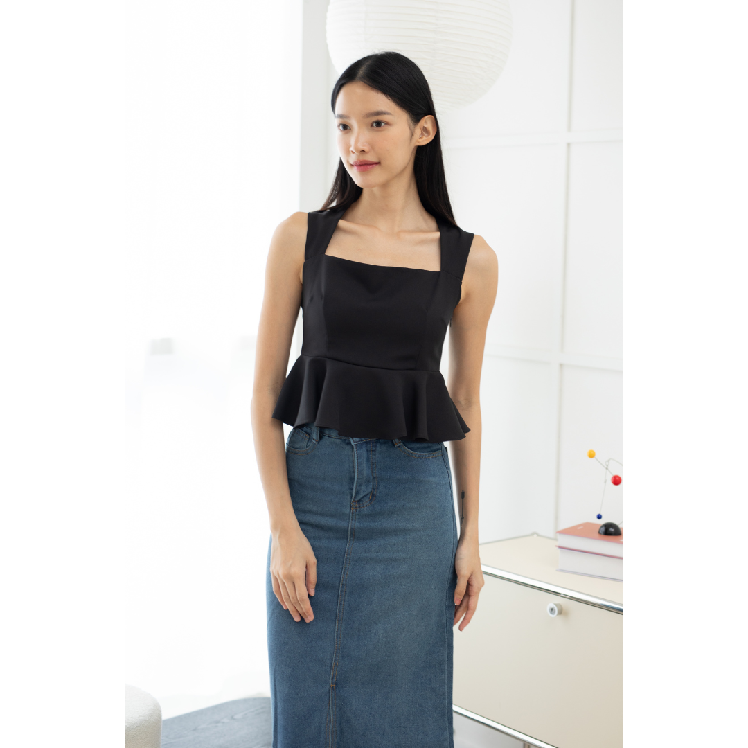 Edira Trapeze Neckline Peplum Top (Black)