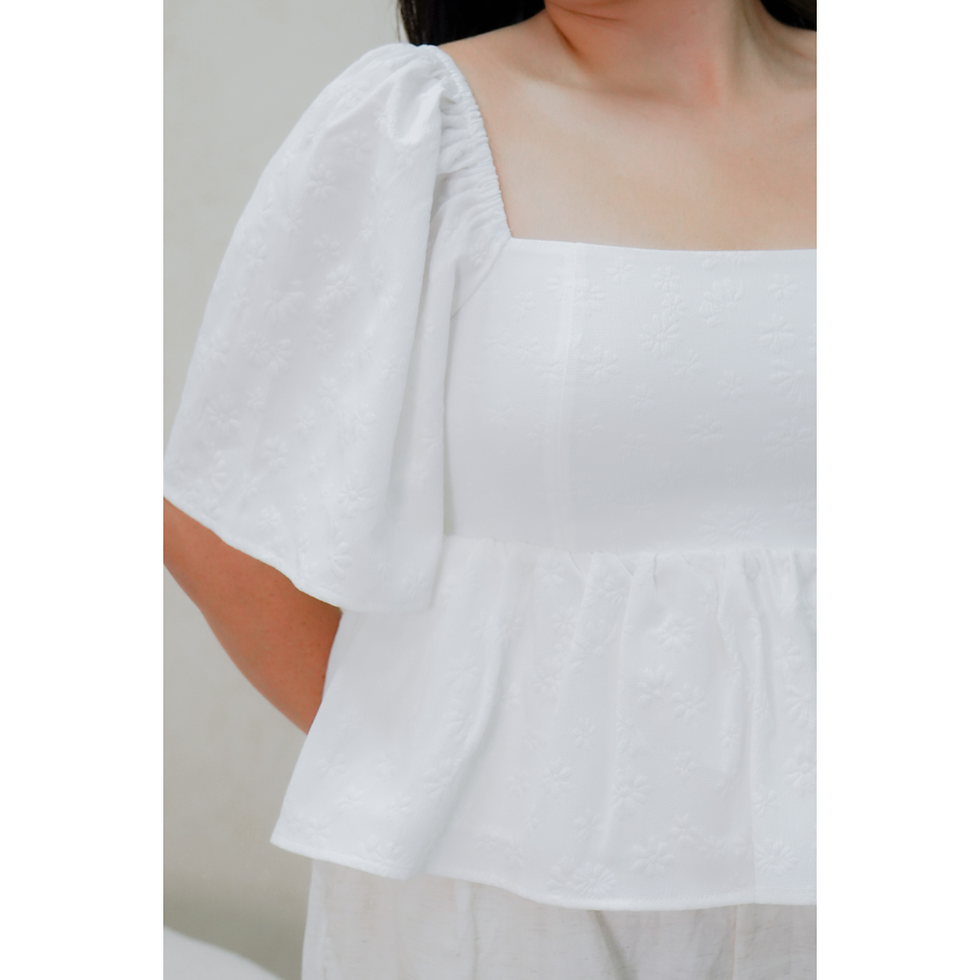 Thumbnail: Harmony Embossed Florals Peplum Smocked Back Top with Flutter Sleeves
