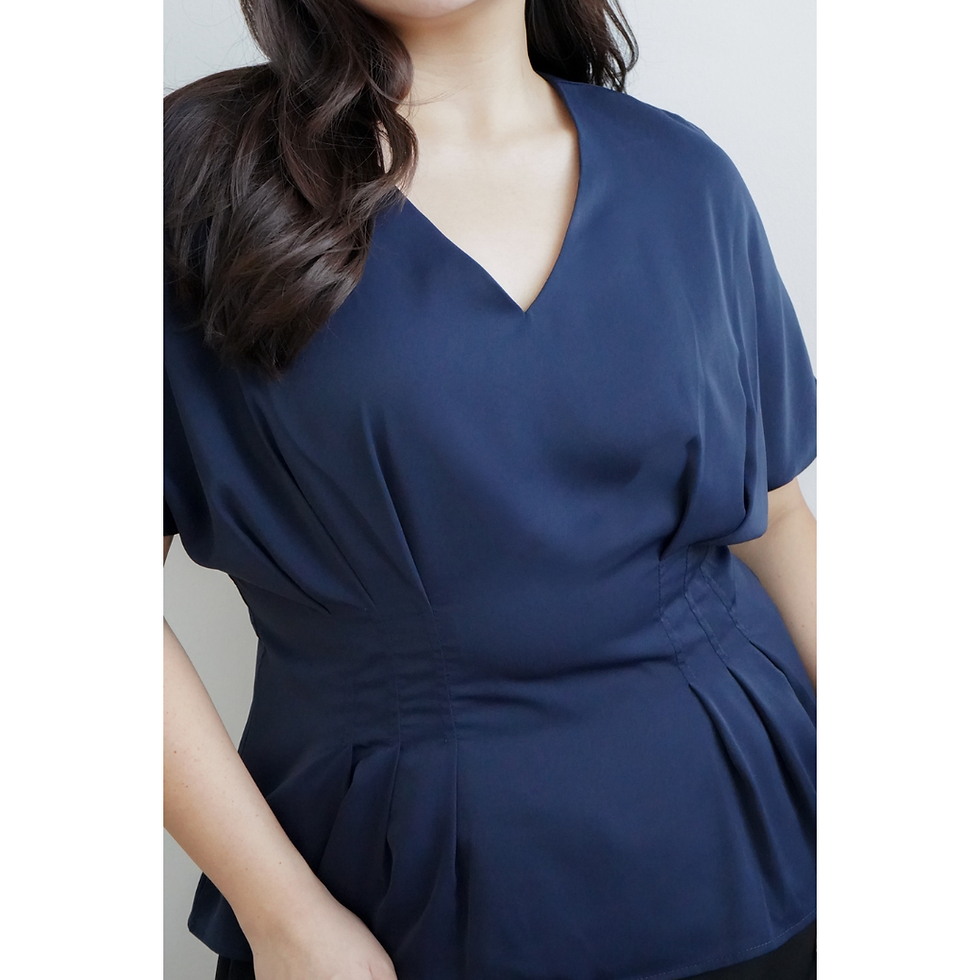 Thumbnail: Clara V-Neck Pleated Top with Short Sleeves (Black / Grey /Navy)