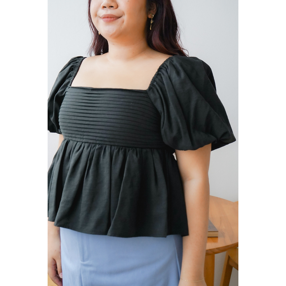 Thumbnail: Mae Pleated Bubble Sleeve Top - Linen Blend (Natural / Rosewood / Black)