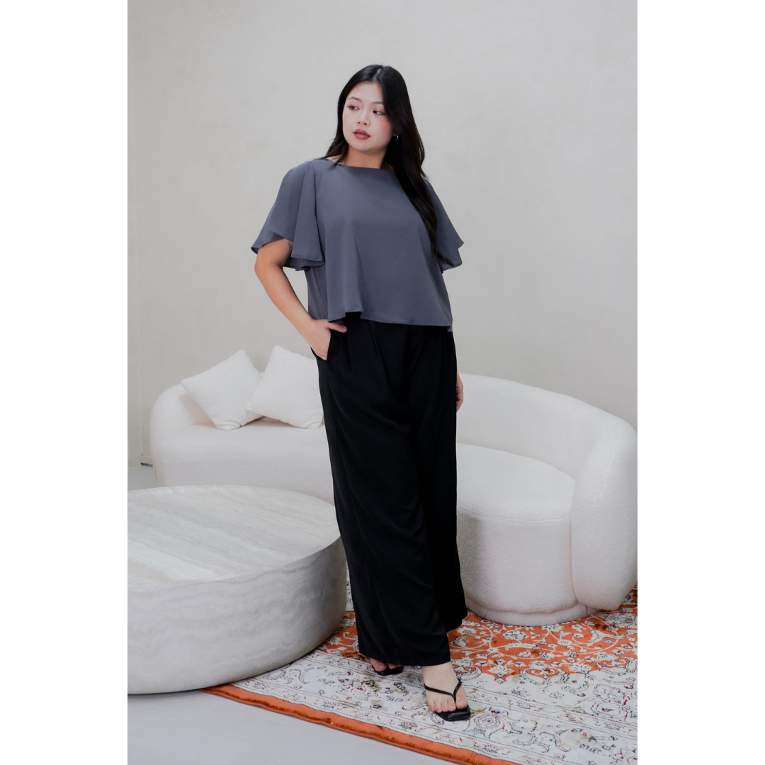 Zoie Flutter Sleeve Top (Ivory Cream / Slate Blue / Black / Grey)