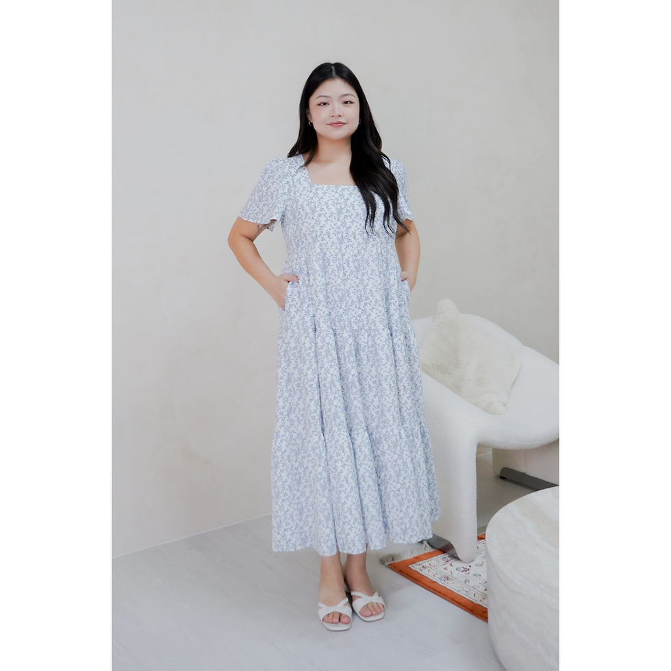 Thumbnail: Xing Printed Blue Florals Short-Sleeved Ruffle Dress