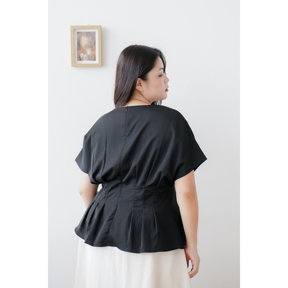 Thumbnail: Clara V-Neck Pleated Top with Short Sleeves (Black / Grey /Navy)
