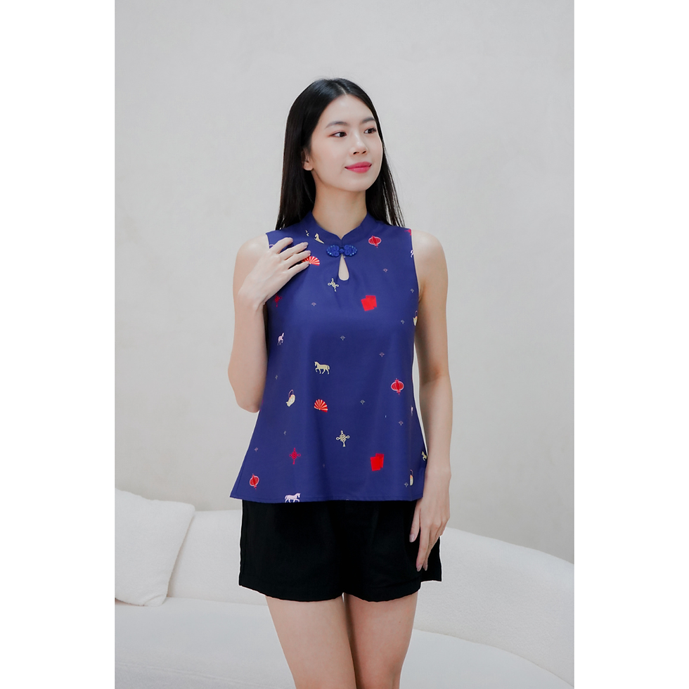 Thumbnail: Rui Prints Cheongsam Sleeveless Top (Royal Blue / Cream)