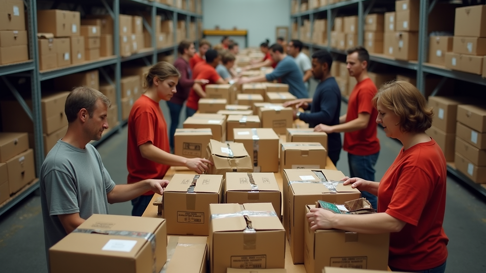 High angle view of volunteers packing food boxes for community outreach