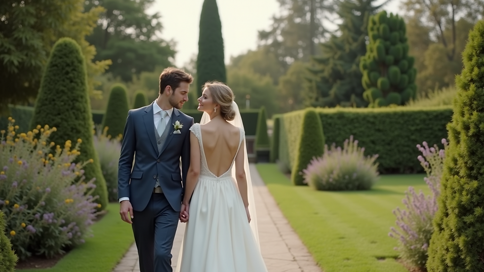 Eye-level view of a wedding photographer capturing a bride and groom in a garden