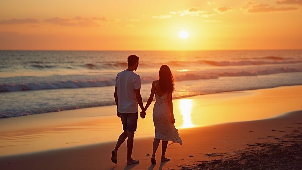 High angle view of a couple walking hand in hand on a beach at sunset