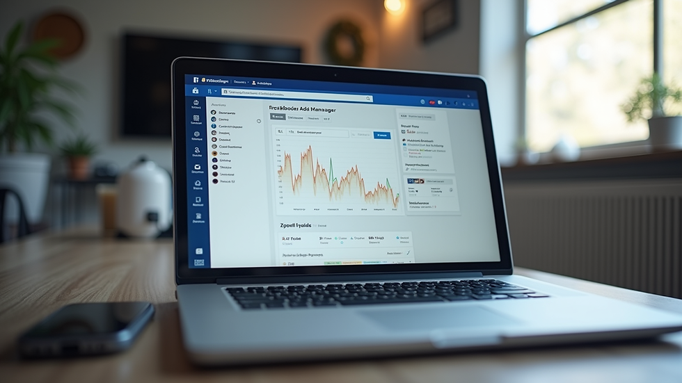 Close-up view of a laptop screen showing Facebook Ads Manager dashboard
