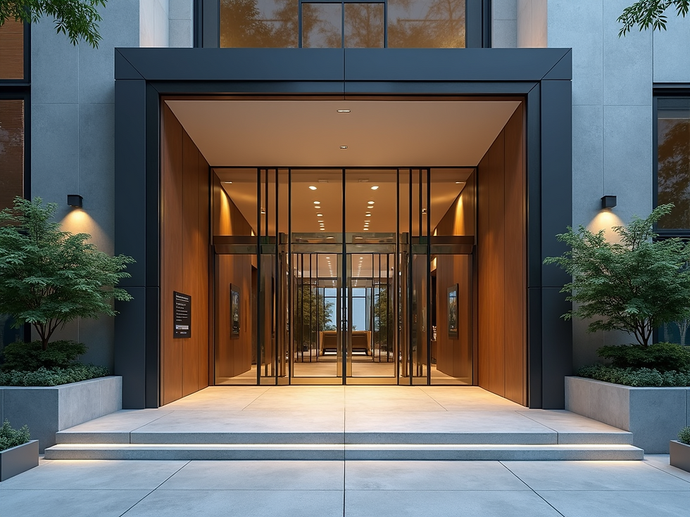 Modern building entrance with glass doors, warm wood and gray tones. Flanked by green trees, the setting feels calm and inviting.