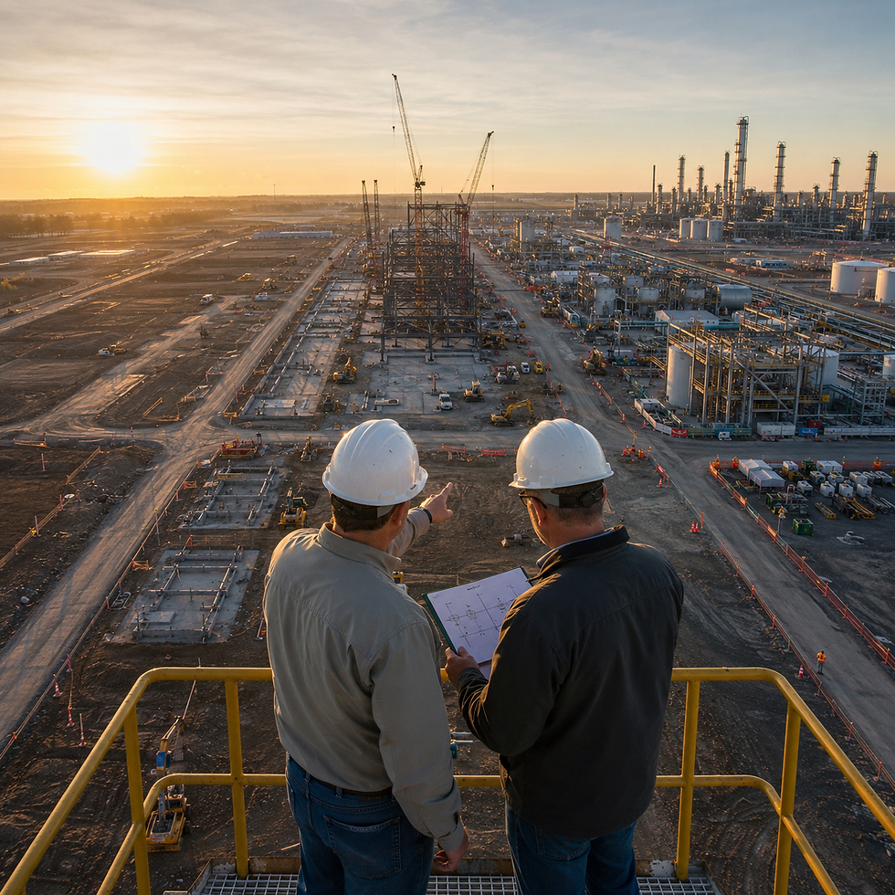 Two workers in hard hats review plans and point over an oil refinery construction site at sunset.