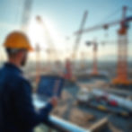 A man in a hard hat uses a laptop on a construction site with cranes and trucks. The sky is clear, and the mood is focused.