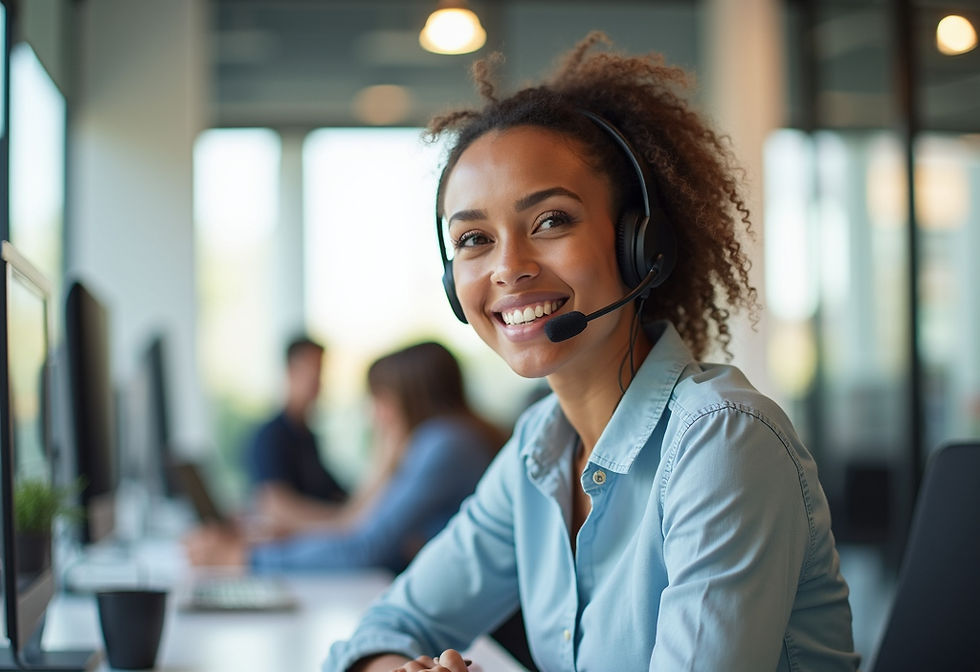 Smiling woman wearing headset in bright office, seated at computer. Blurred colleagues in background, conveying a lively work environment.