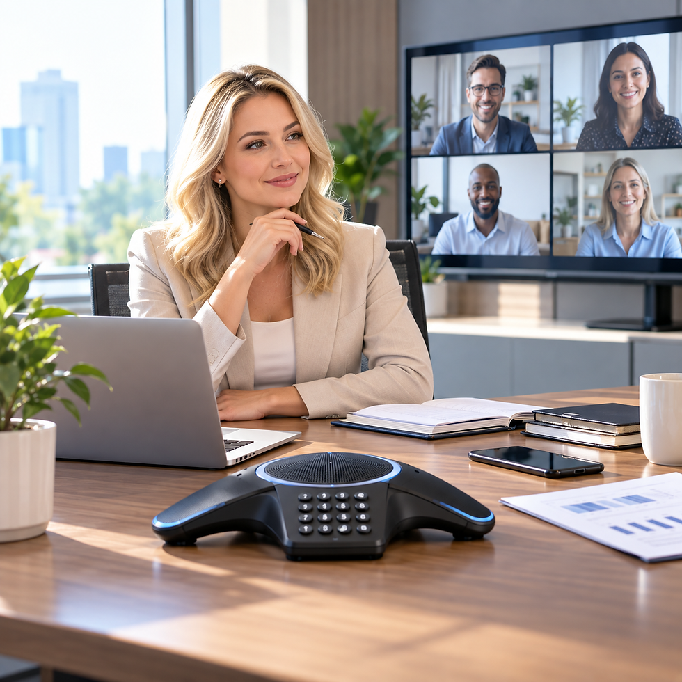 Blonde woman in beige blazer on video conference, smiling at desk with laptop and speakerphone in bright modern office.