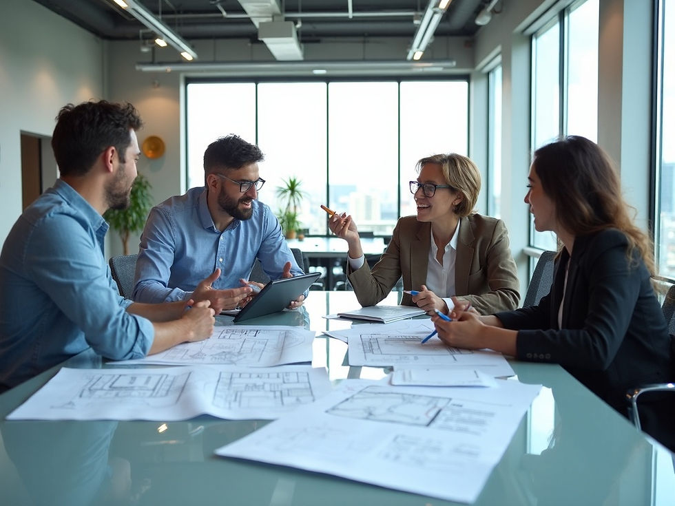 Four people collaborate over architectural plans in a modern office with large windows. They're smiling and engaged in discussion.
