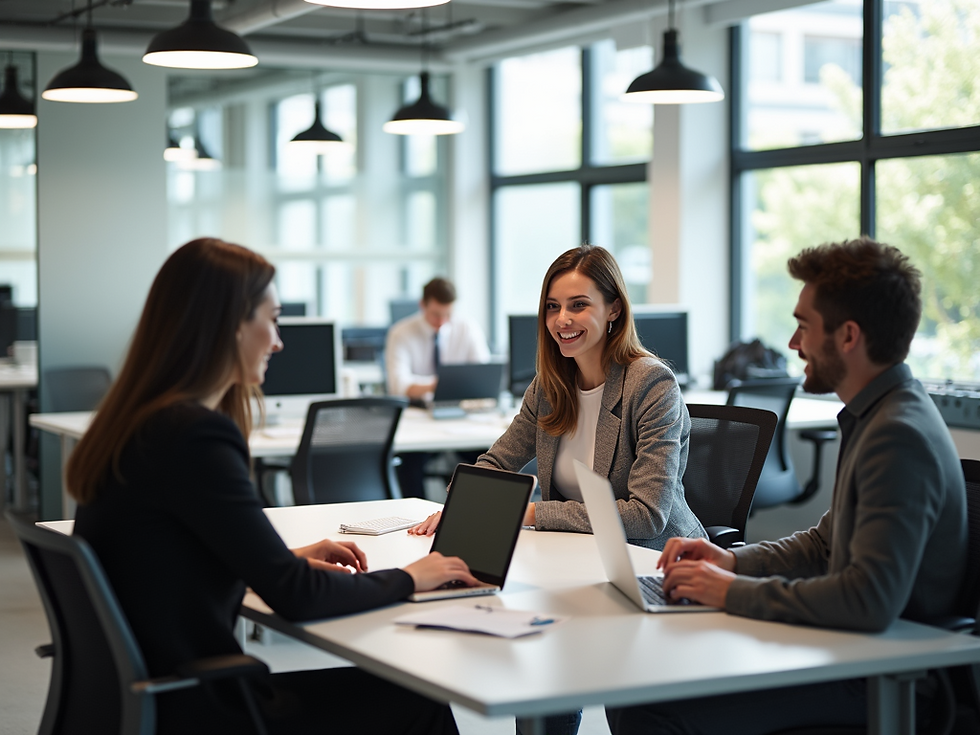 Three people collaborating at a desk in a bright office. Two have laptops open. They're smiling, creating a positive, professional vibe.