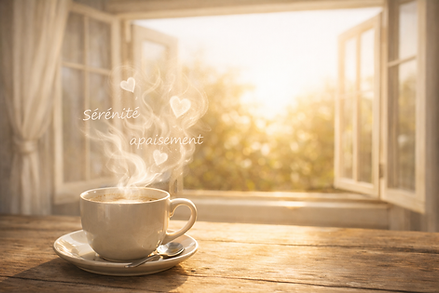 Tasse chaude près d’une fenêtre, fumée avec petits cœurs et mots apaisants, ambiance douce et chaleureuse.