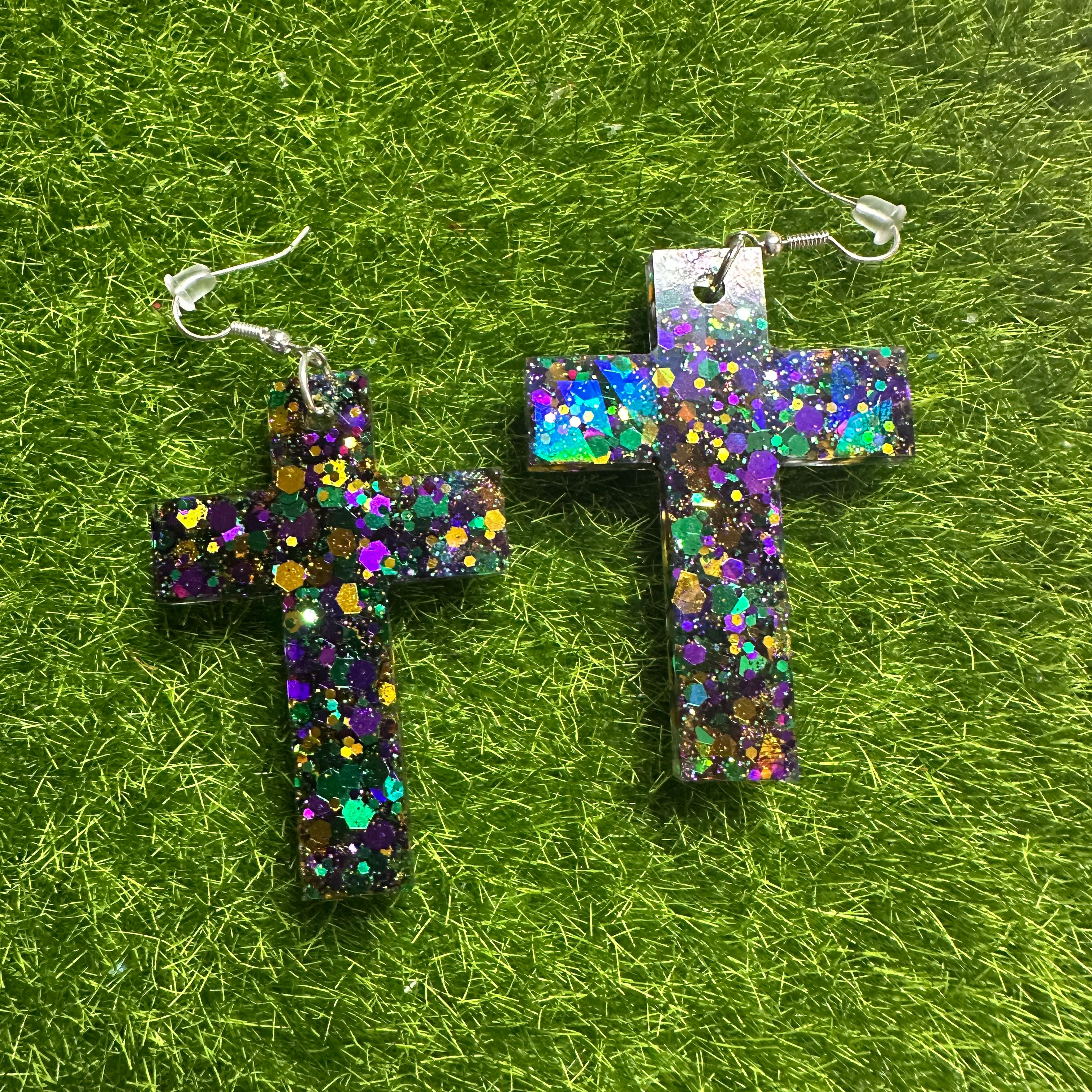 Mardi Gras cross earrings 