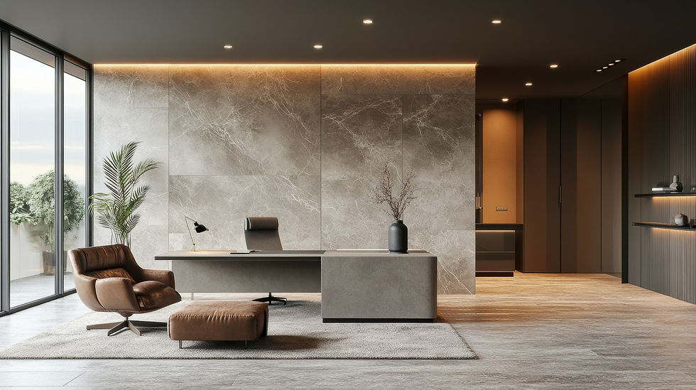 Modern office with a sleek desk and leather chair, minimalist decor, plants, marble walls, and soft lighting, creating a calm ambiance.