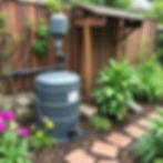 Rainwater harvesting system installed in a garden for eco-friendly irrigation and non-potable water use, surrounded by lush greenery.