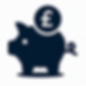 Flat-icon piggy bank silhouette with a British pound coin hovering above its back, symbolising savings.