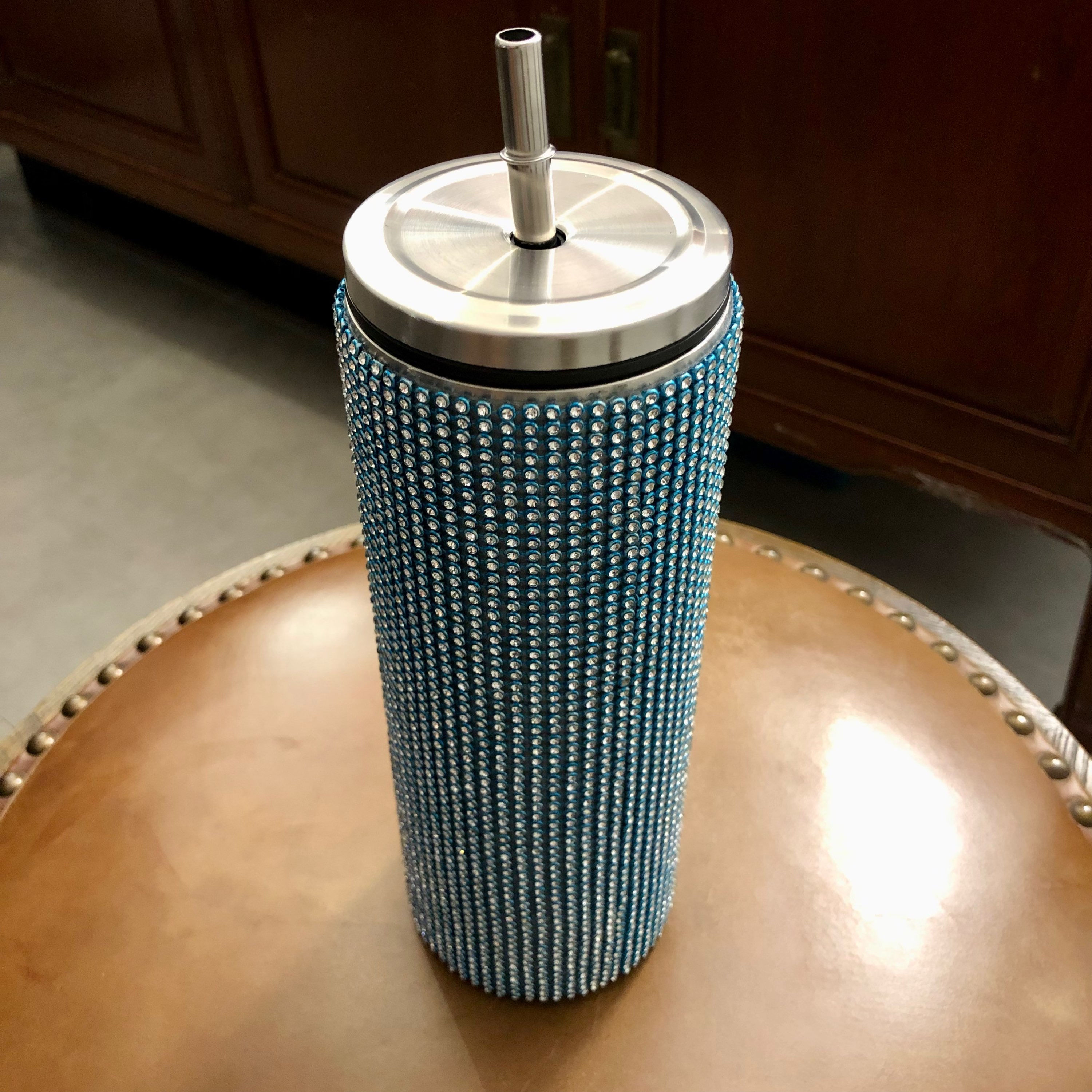 Diamond Glitter Stainless Steel Tumbler w/ Lid & Straw (Blue)