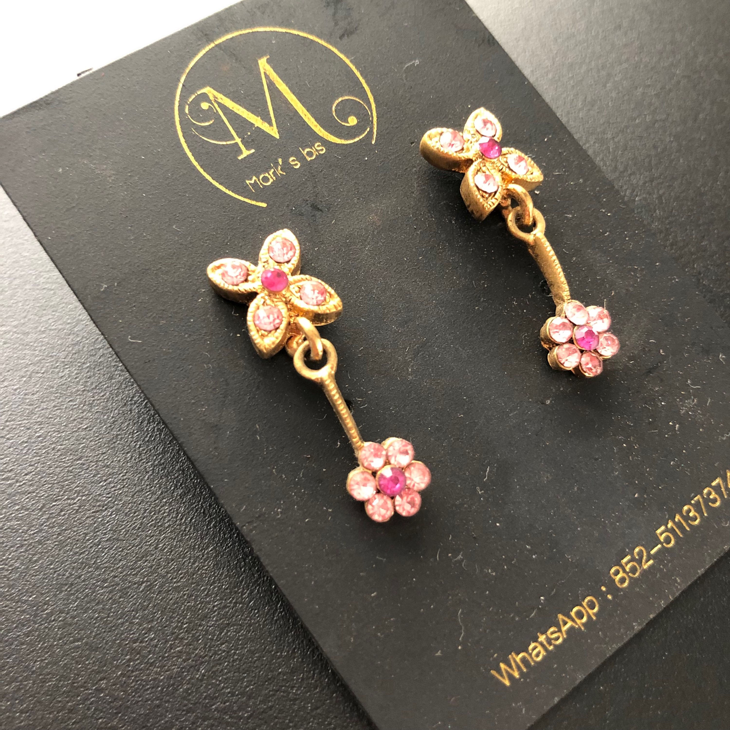 Handmade Feminine Metal & Stone Earrings - Pink Flower