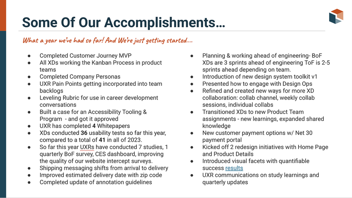 Summary slide listing UX team accomplishments, maturity improvements, and progress against organizational goals over a one-year period.