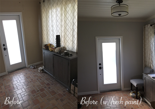 Before: Gold paint and red tile made the space dark, fresh paint and a new light, brighten the space