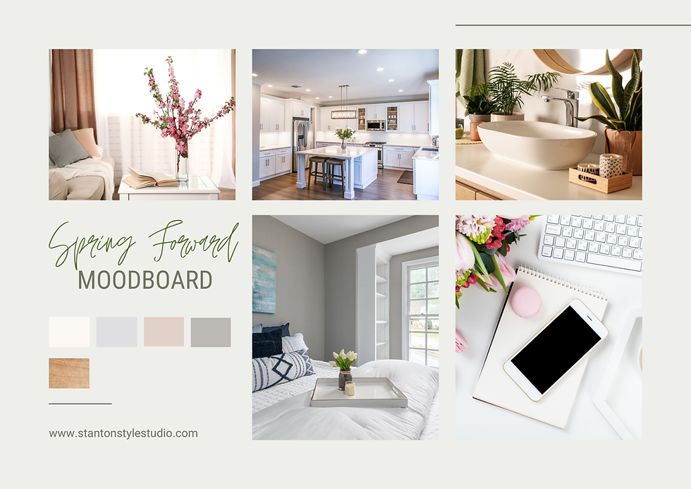 Mood board featuring soft spring home accents: fresh flowers, leafy green plants, wood textures, and a light neutral paint swatches. Vignettes include a styled bathroom, bedroom, living room, kitchen, and office, each subtly refreshed with seasonal elements.