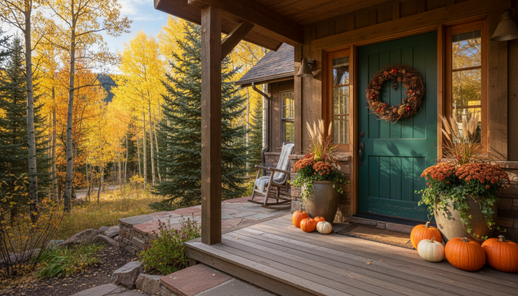 Eye-level view of a front porch decorated with pumpkins and fall planters beside a mountain home.