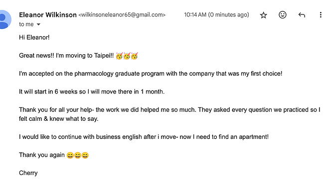 English Communication Coaching testimonial