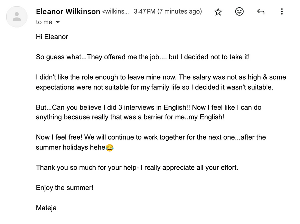 English Communication Coaching testimonial