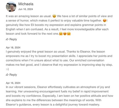 English communication coaching testimonial