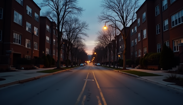 Eye-level view of a quiet Chicago neighborhood street at dusk with a single lit streetlamp