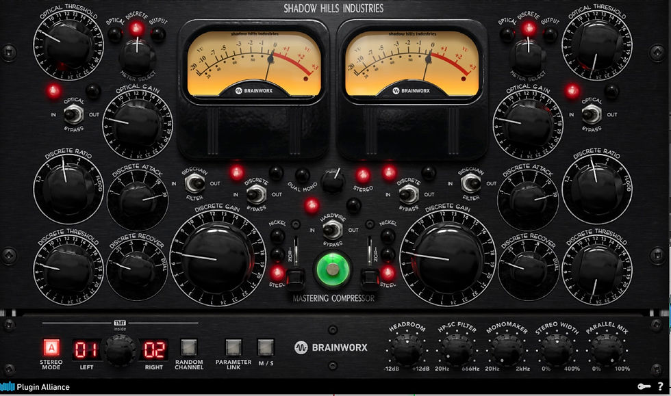 Shadow Hills mastering-kompressor i Steel-mode, hvor nålene kun lige rører sig