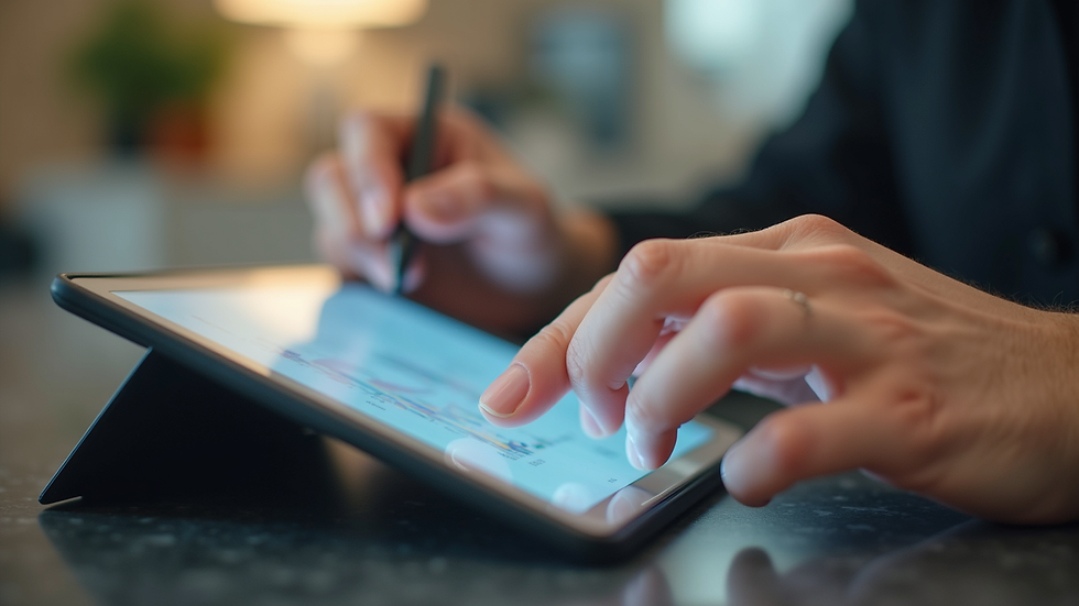 Plano detalle de una persona usando una tablet para estudiar contabilidad