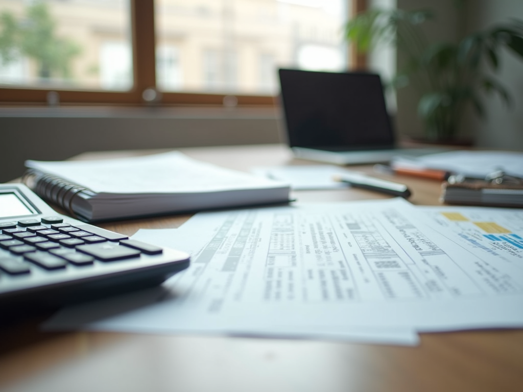 Una mesa de trabajo profesional minimalista con formularios de impuestos y una calculadora organizada.
