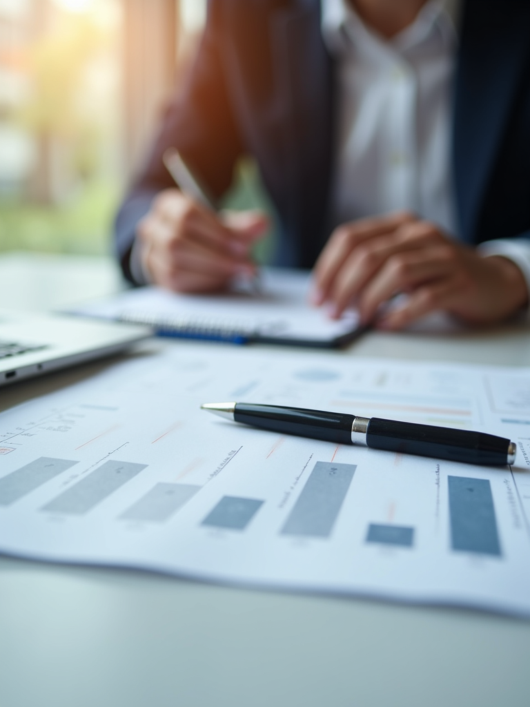 Documentos financieros estratégicos con gráficos y un bolígrafo elegante.