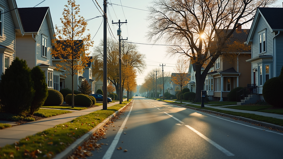 Eye-level view of a charming Renfrew neighbourhood street with houses and trees