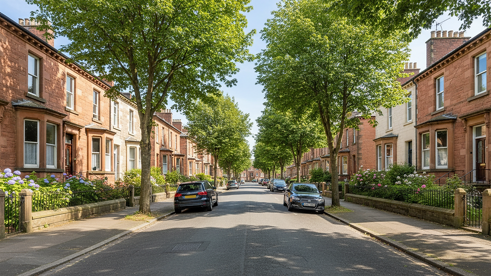 Eye-level view of a charming Renfrew residential street with houses and trees