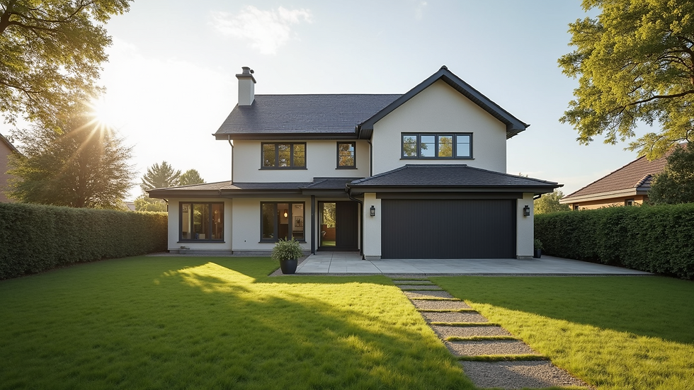 Wide angle view of a modern family home in Renfrew with a spacious front yard